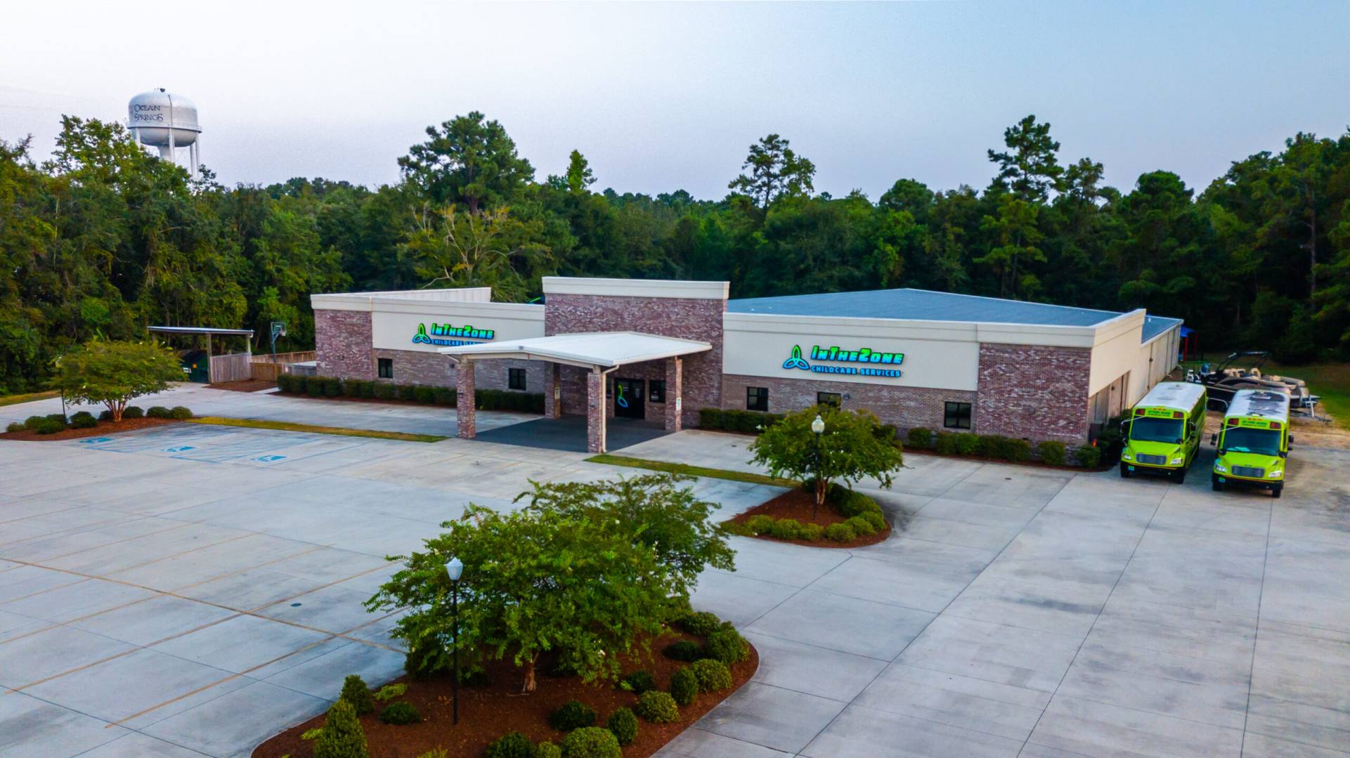 An aerial view of the In The Zone Ocean Springs campus building and parking lot